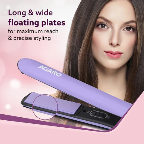 Purple hair straightener with 'AGARO' branding