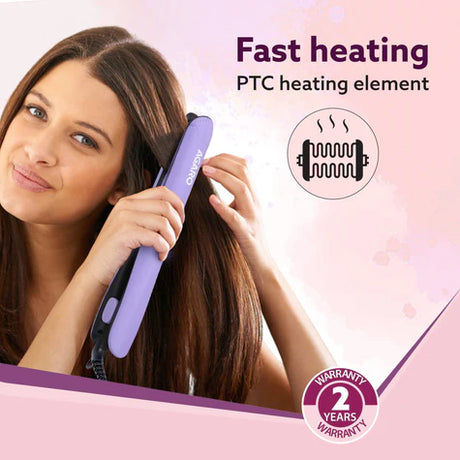 Woman using a purple hair straightener with text about fast heating PTC element on a pink background