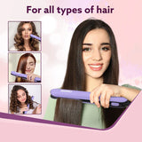 Woman using a hair straightener with text 'For all types of hair' on a pink background