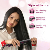 Woman using a hair straightening brush with product features highlighted on a pink background