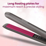 Hair straightener with pink heating element and 'Agaro' branding on a light pink background.