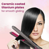 Woman using a hair straightener with text about ceramic-coated titanium plates on a pink background