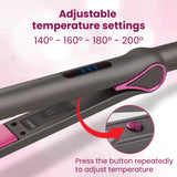 Hair straightener with adjustable temperature settings on a pink background