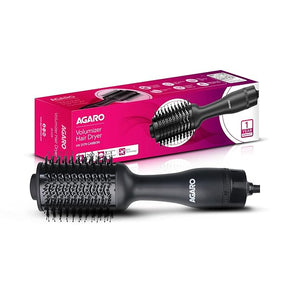 Black Agaro volumizer hair dryer with pink packaging on a white background