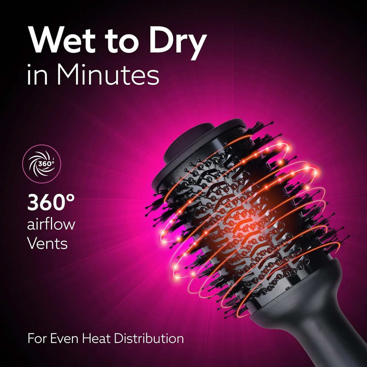 Hair dryer with 360-degree airflow vents on a dark background
