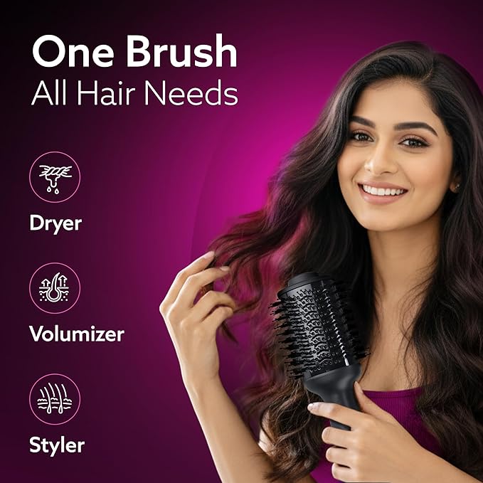 Woman with styled hair holding a hairbrush against a purple background