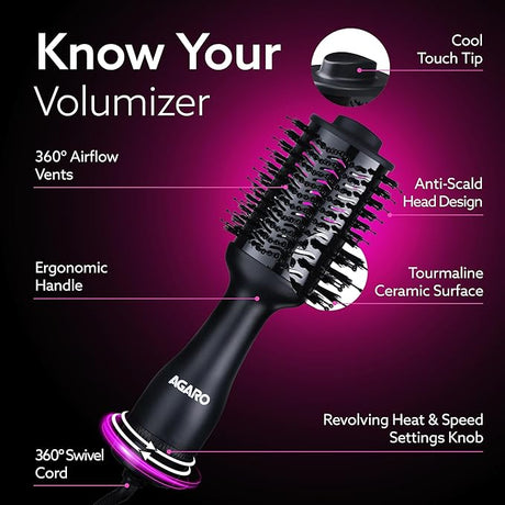 Hair volumizer brush with features highlighted on a purple background