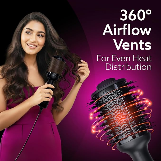 Woman using a hair dryer with 360° Airflow Vents on a purple background