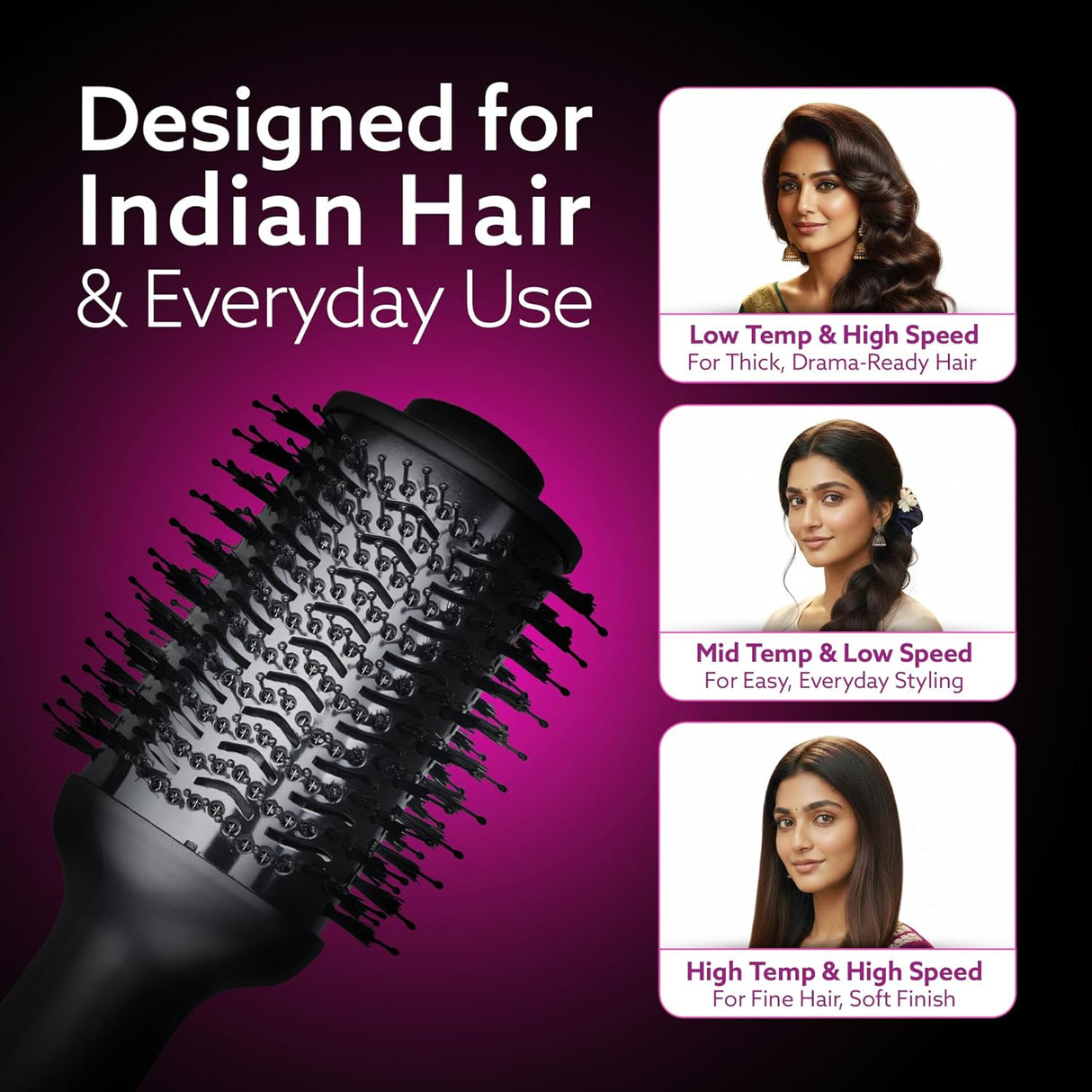 Hairbrush with usage instructions for different hair types on a purple background