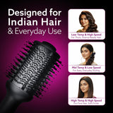 Hairbrush with usage instructions for different hair types on a purple background