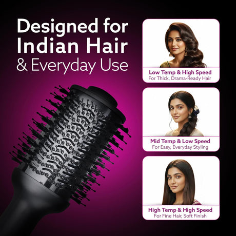 Hairbrush with usage instructions for different hair types on a purple background