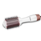 Hair styling tool with bristle brush head on a white background