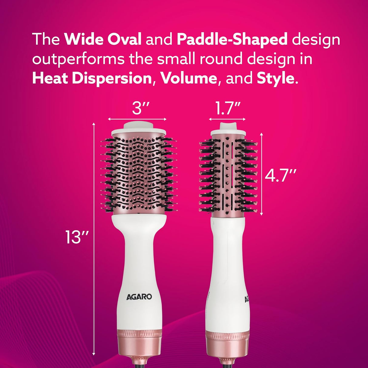 Hair styling tool with measurements and text on a pink background