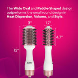 Hair styling tool with measurements and text on a pink background