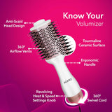 Hair volumizer with features labeled on a pink background