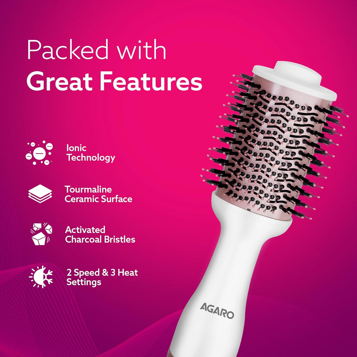 Hairbrush with features listed on a pink background