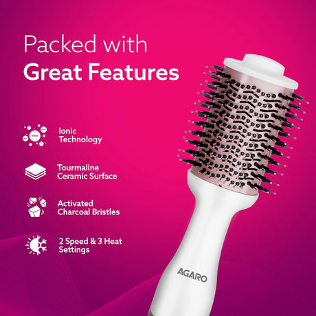 Hairbrush with features listed on a pink background