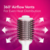 Hair dryer with 360-degree airflow vents on a pink background