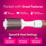 Hair dryer with features on a pink background