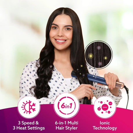 Woman using a 6-in-1 multi hair styler with product features highlighted.