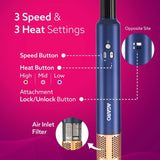 Blue hair straightener with features labeled on a pink background
