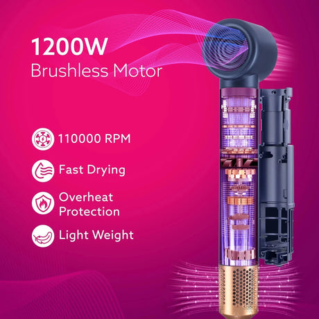 Hair dryer with 1200W brushless motor on a pink background