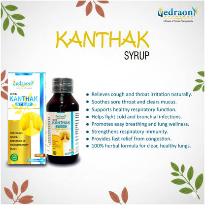 Kanthak Syrup packaging with product and box on a white background with leaf designs.
