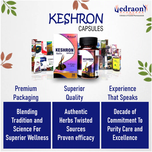 Promotional image of Keshron capsules with packaging and branding details.
