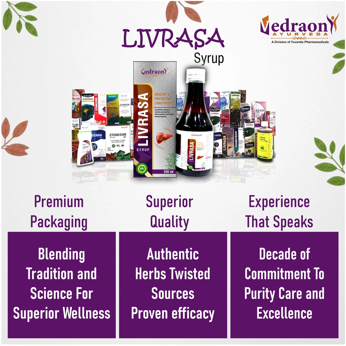 Promotional image of Livrasa Syrup with product packaging and branding elements.