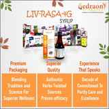 Promotional image of LIV-RASA-4G syrup with product packaging and branding details.