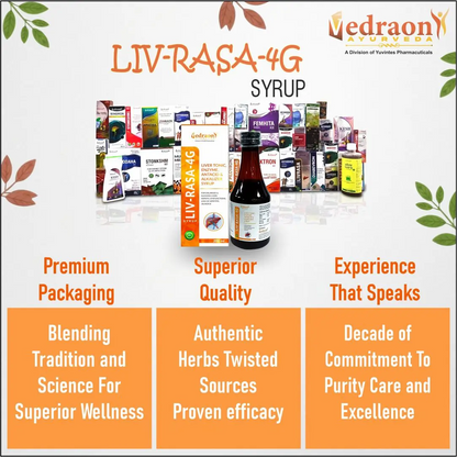 Promotional image of LIV-RASA-4G syrup with product packaging and branding details.