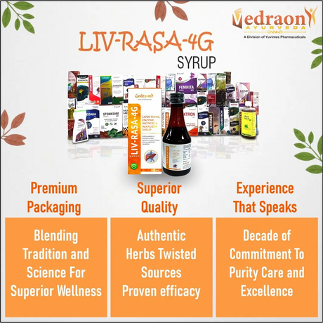 Promotional image of LIV-RASA-4G syrup with product packaging and branding details.