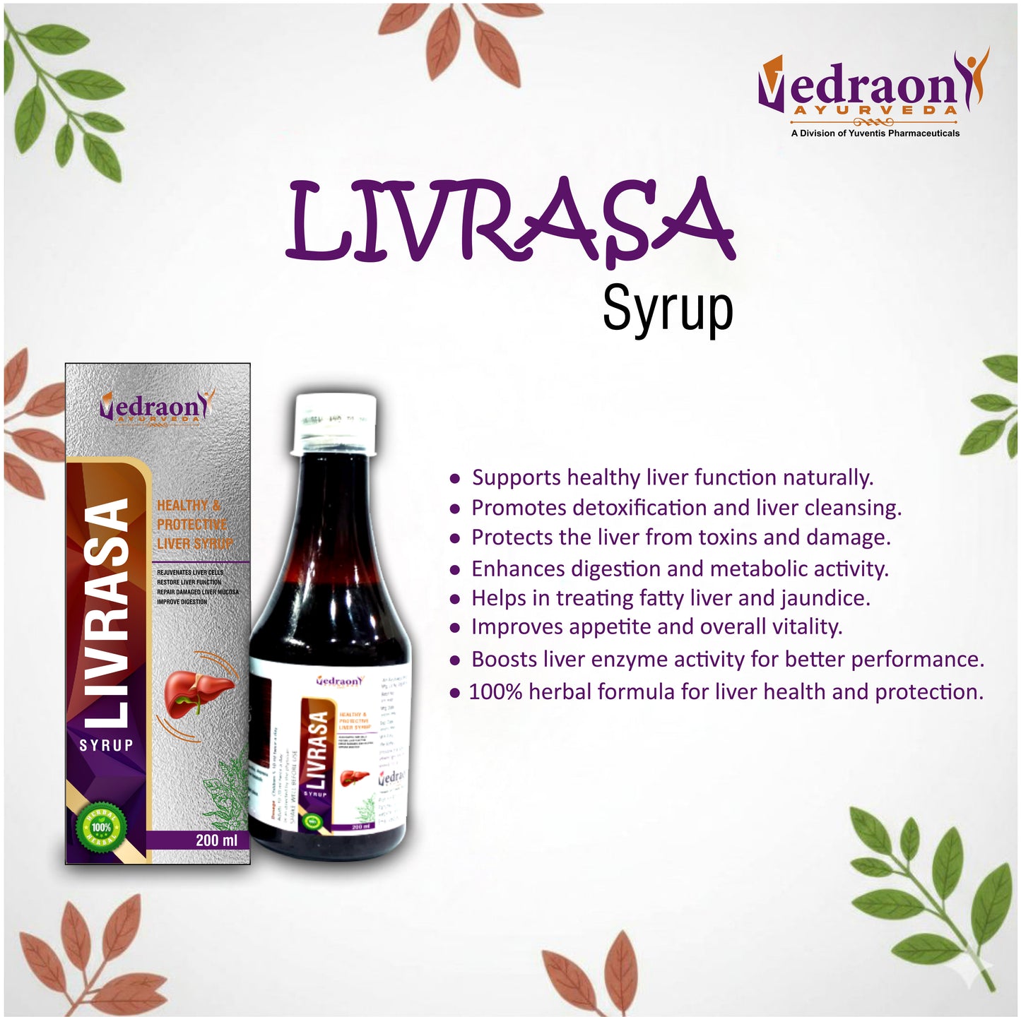 Vedraon Livrasa Syrup packaging and bottle on a white background with leaf designs.