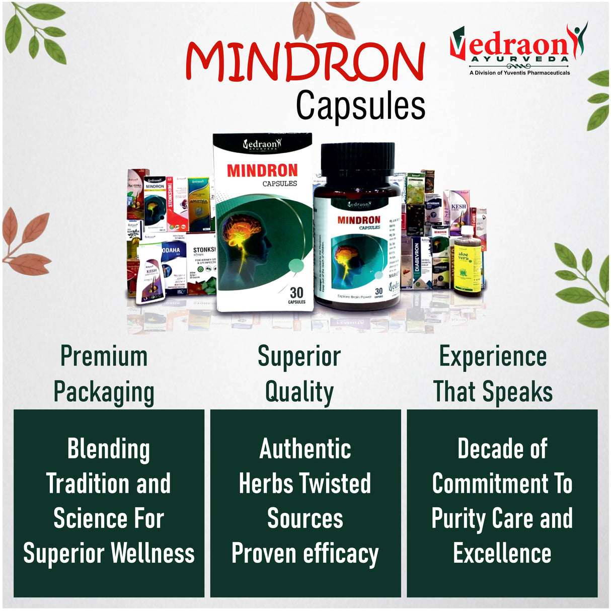 Promotional image of MINDRON capsules with packaging and branding details.