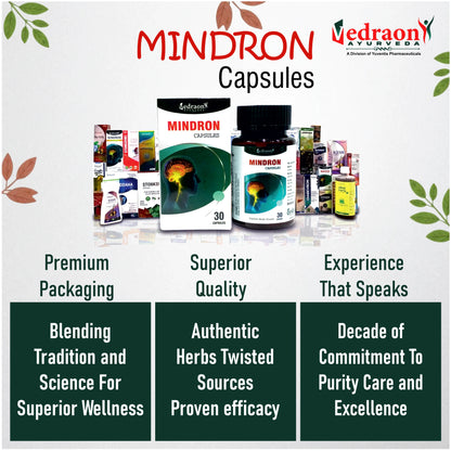 Promotional image of MINDRON capsules with packaging and branding details.