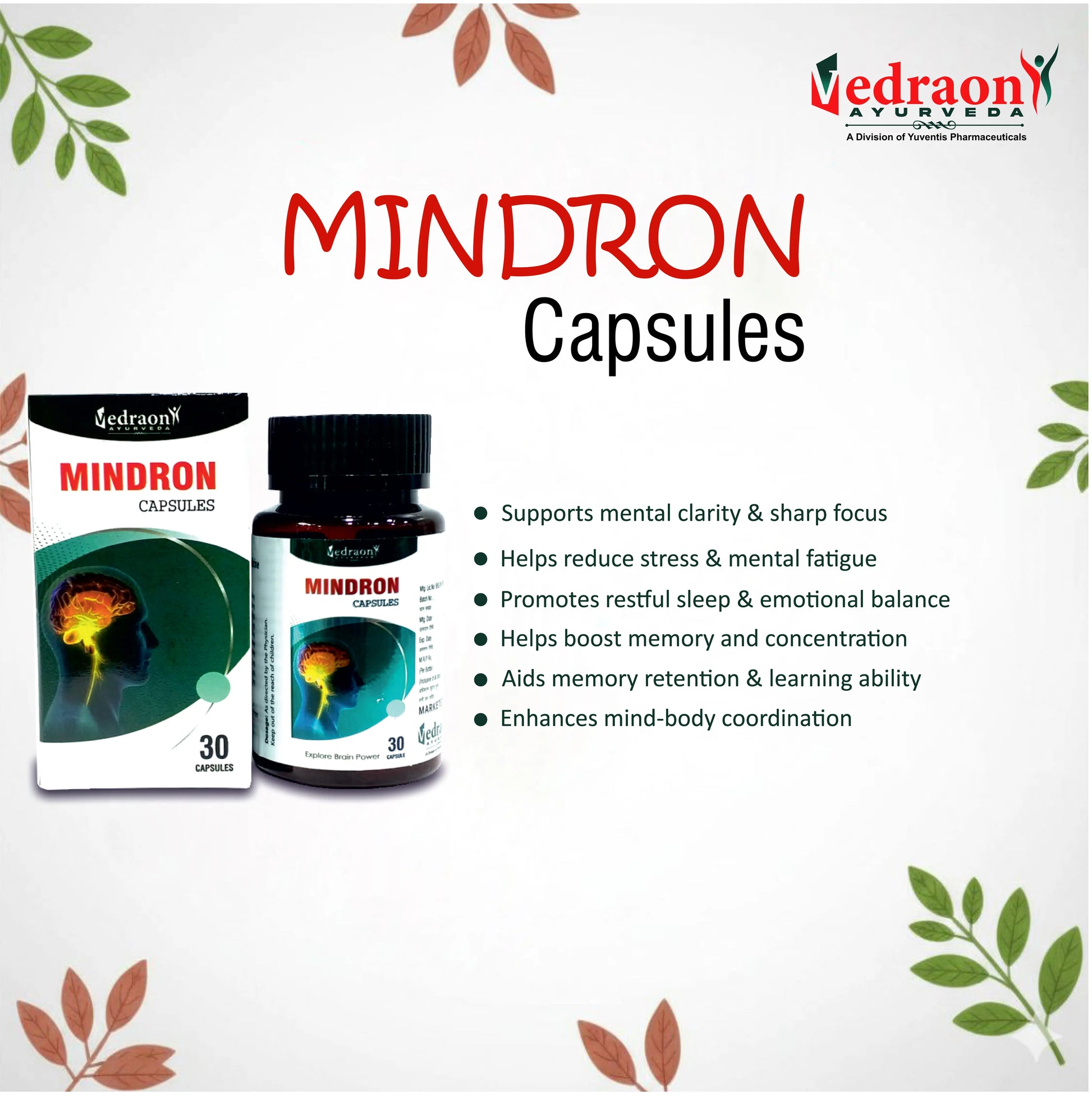 MINDRON capsules packaging with product details on a white background