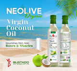 Neolive Organic Virgin Coconut Oil bottles with a beach background
