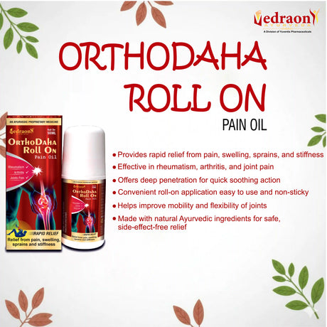 Ortho Daha Roll On Pain Oil packaging with product description on a white background