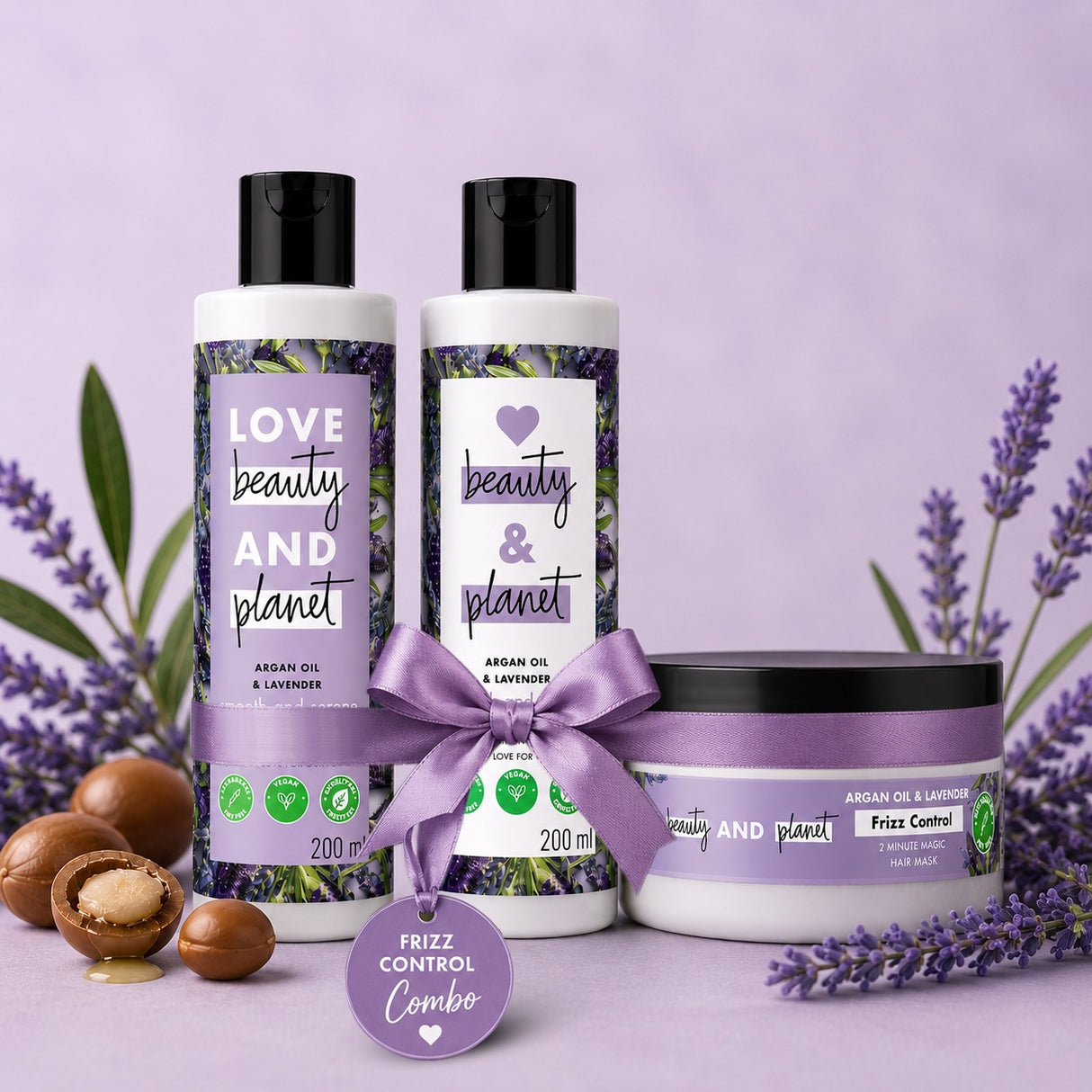 Love Beauty and Planet argan oil shampoo conditioner hair mask combo for dry and frizzy hair