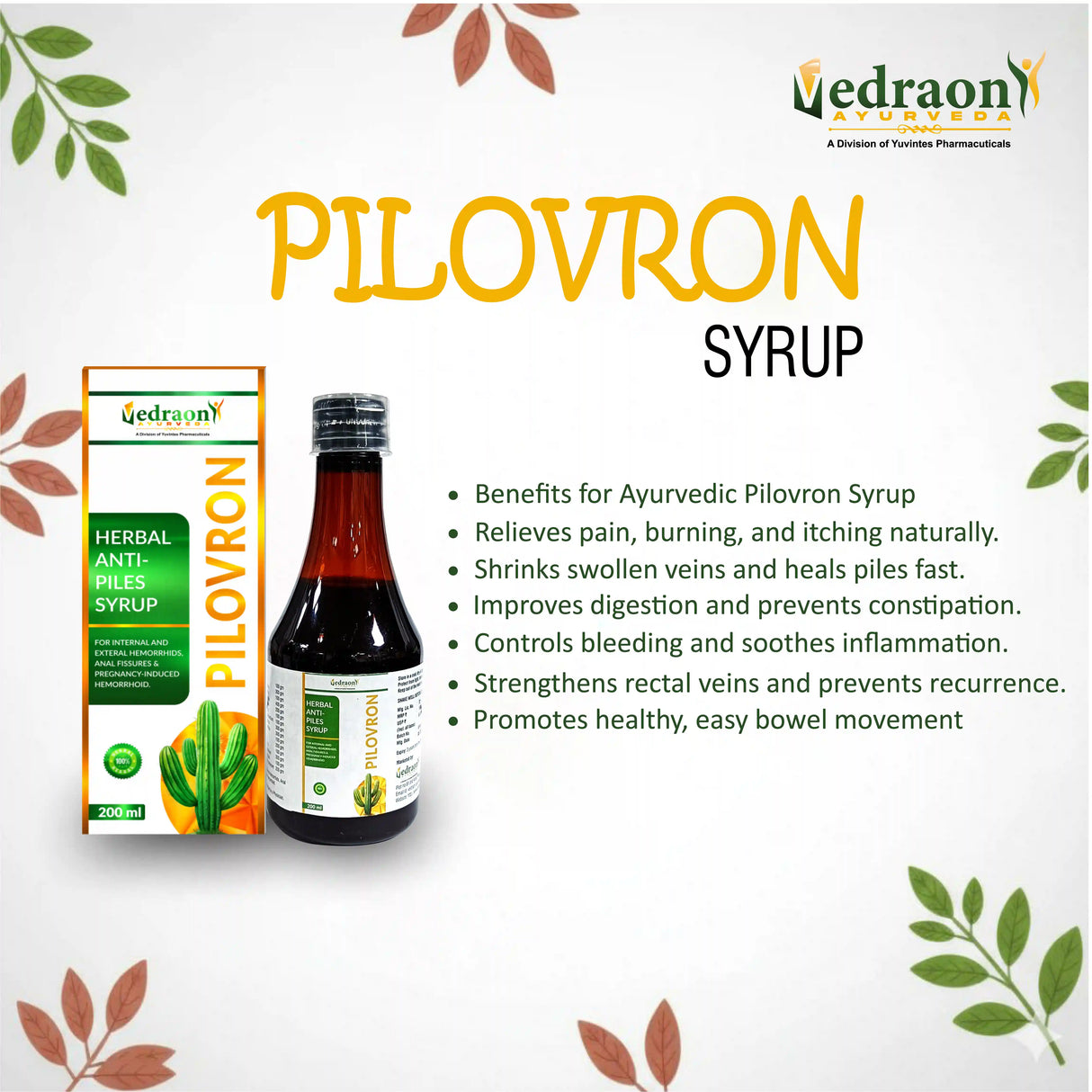 Vedraon Pilovron syrup packaging with product details on a white background