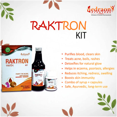 Vedraon Ayurveda Raktron Kit with product packaging and benefits listed on a white background.