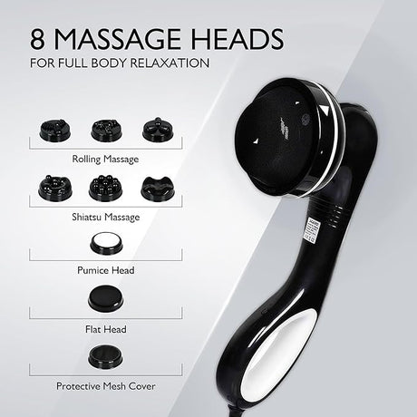 Massage device with various massage heads and text on a white background