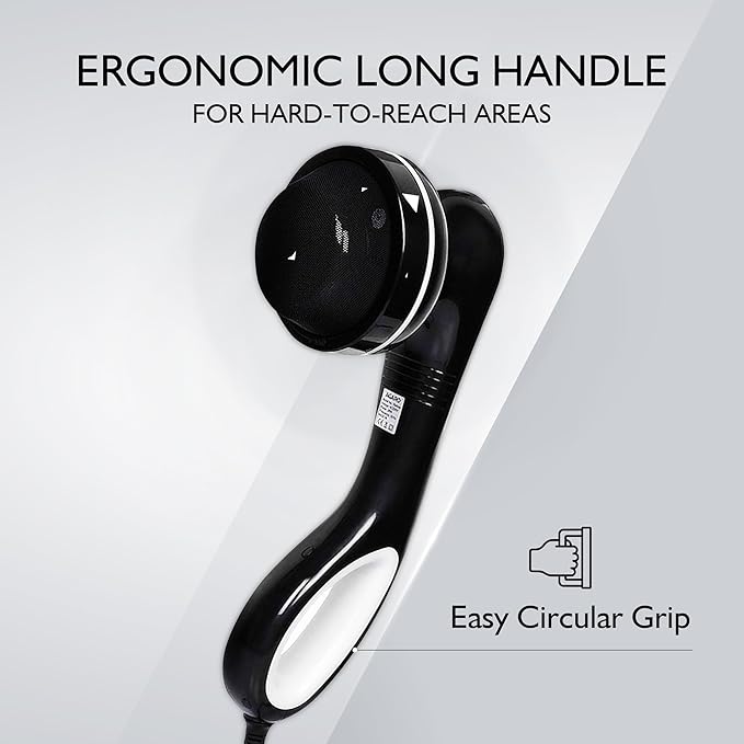 Black handheld device with ergonomic long handle on a gray background