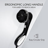 Black handheld device with ergonomic long handle on a gray background