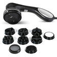 Black handheld device with multiple attachments on a white background