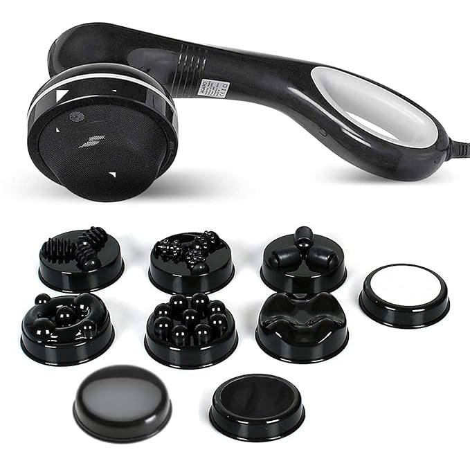 Black handheld device with multiple attachments on a white background