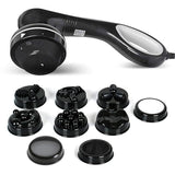 Black handheld device with multiple attachments on a white background