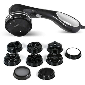 Black handheld device with multiple attachments on a white background