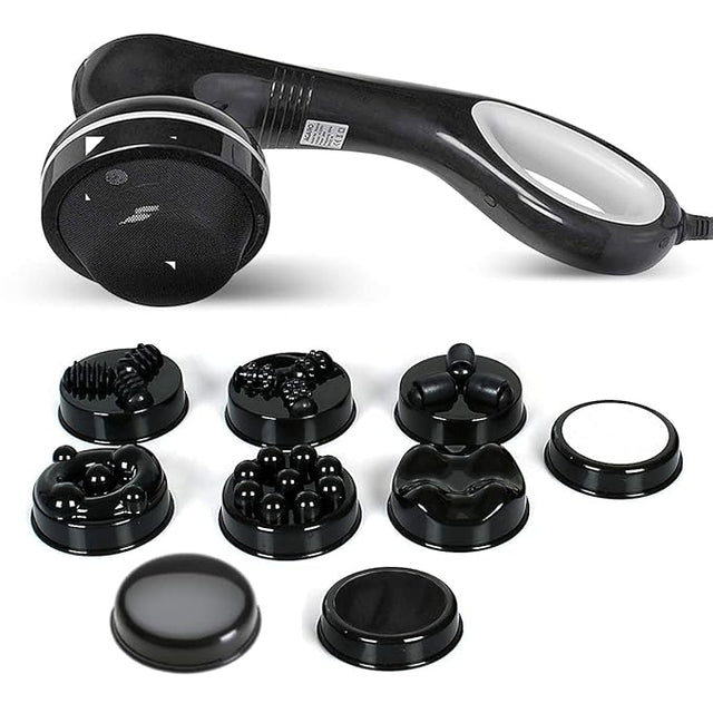 Black handheld device with multiple attachments on a white background