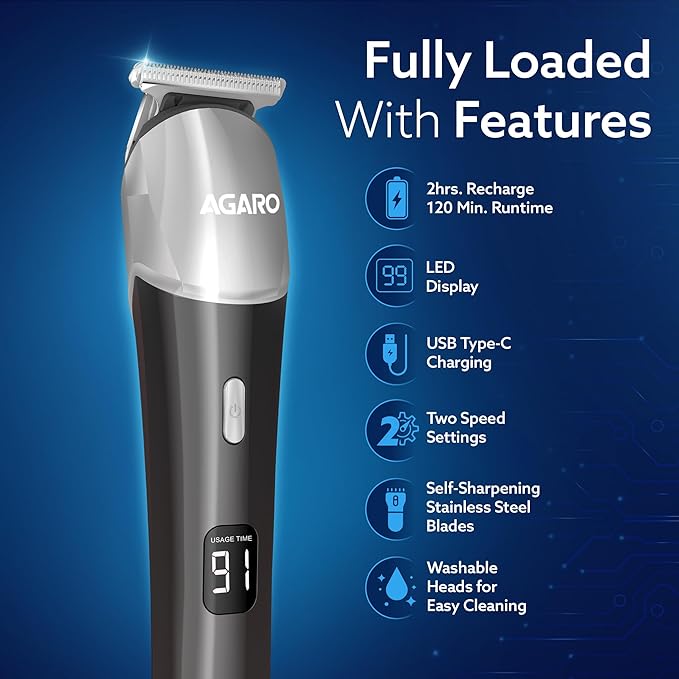 AGARO hair trimmer with features listed on a blue background